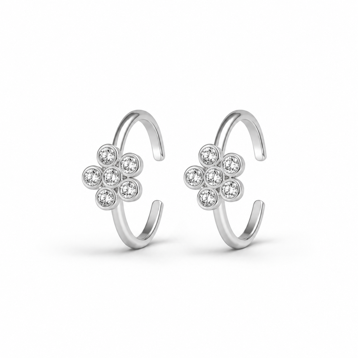 Rose Clover White Cz Flower Toe Rings - front view in 925 sterling silver