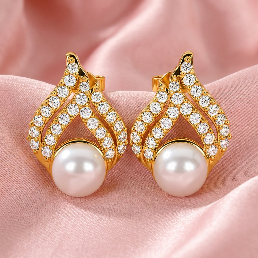White Cz Flame Drop Pearl Stud Earrings - 925 sterling silver earrings for women