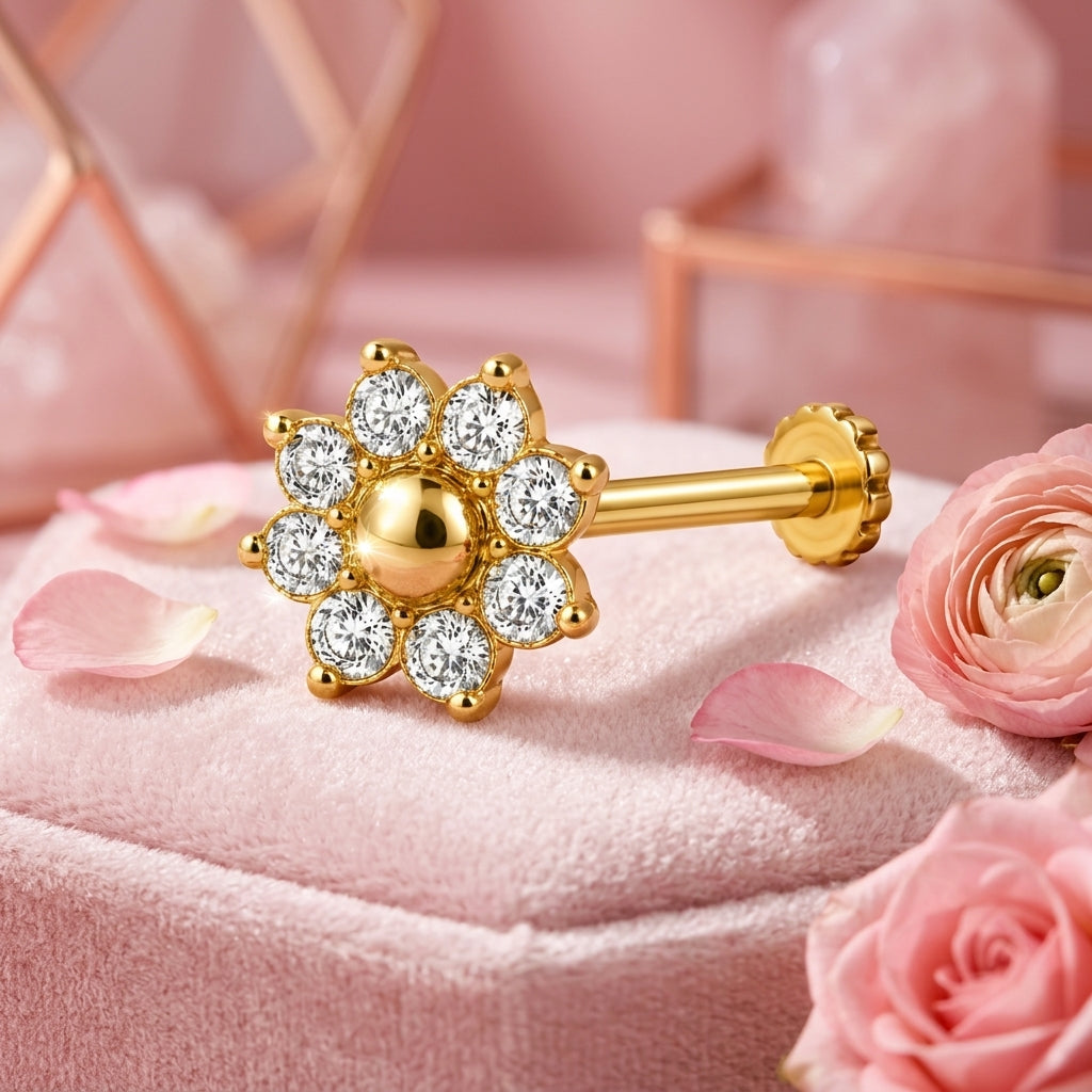 Sunflower Gold Bead Nose Pin - 925 Sterling Silver