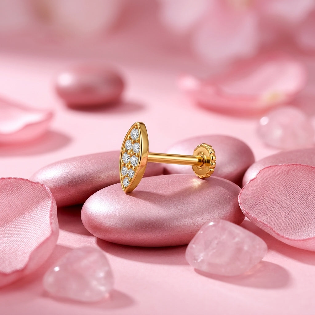 Leaf Pave Nose Pin - side view in 925 sterling silver