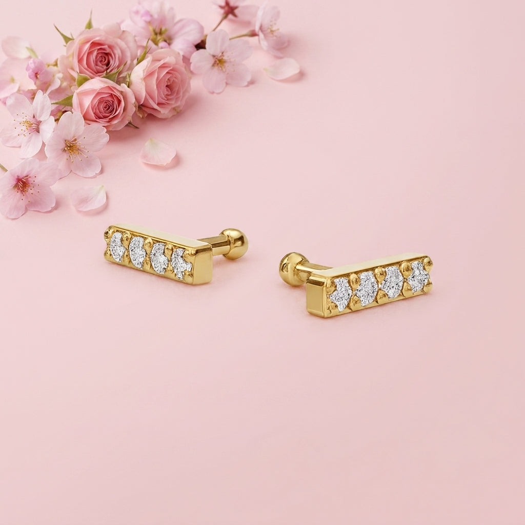 Diamond Bar Studs - 925 Sterling Silver Gold Plated