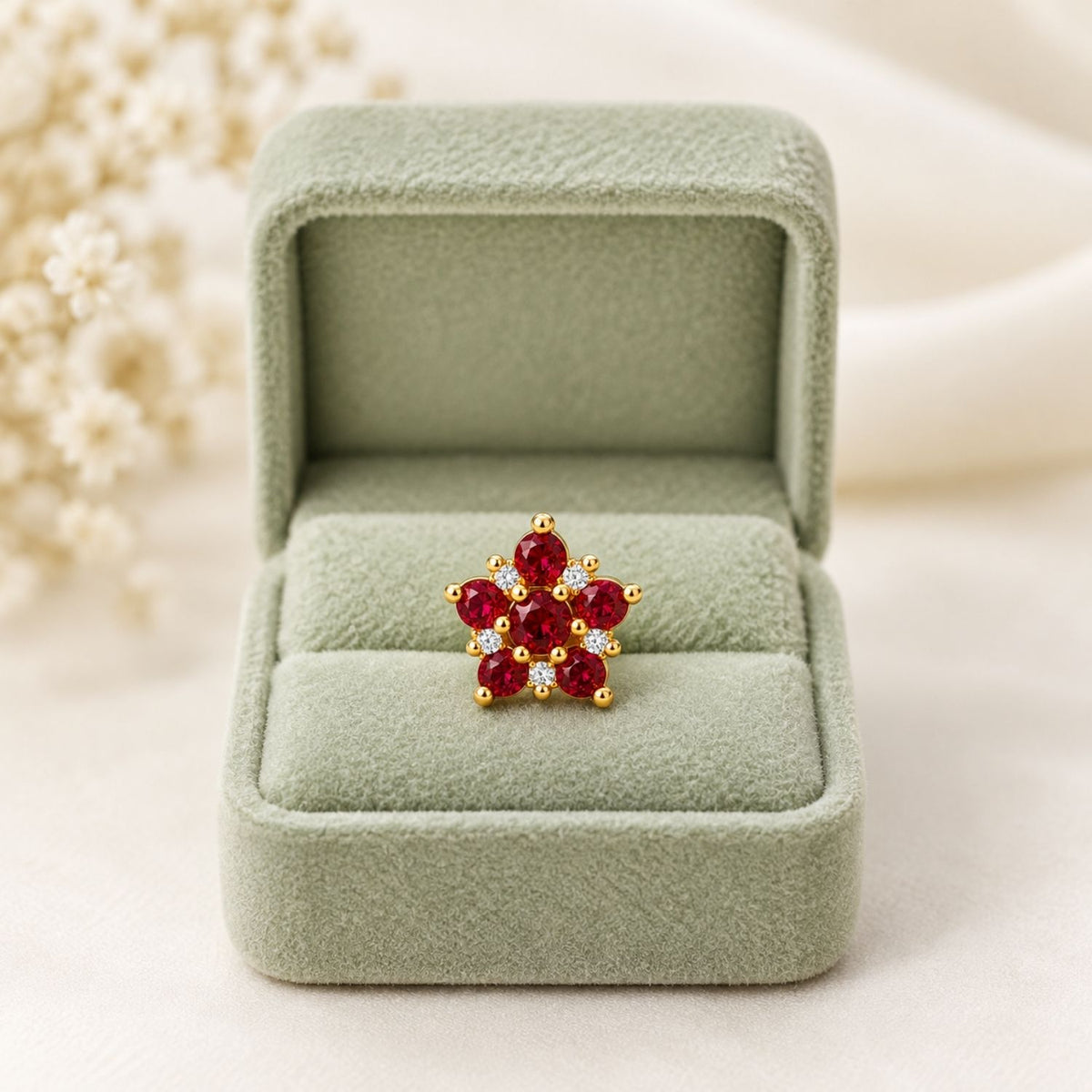 Ruby Red Flower Nose Pin - 925 Sterling Silver