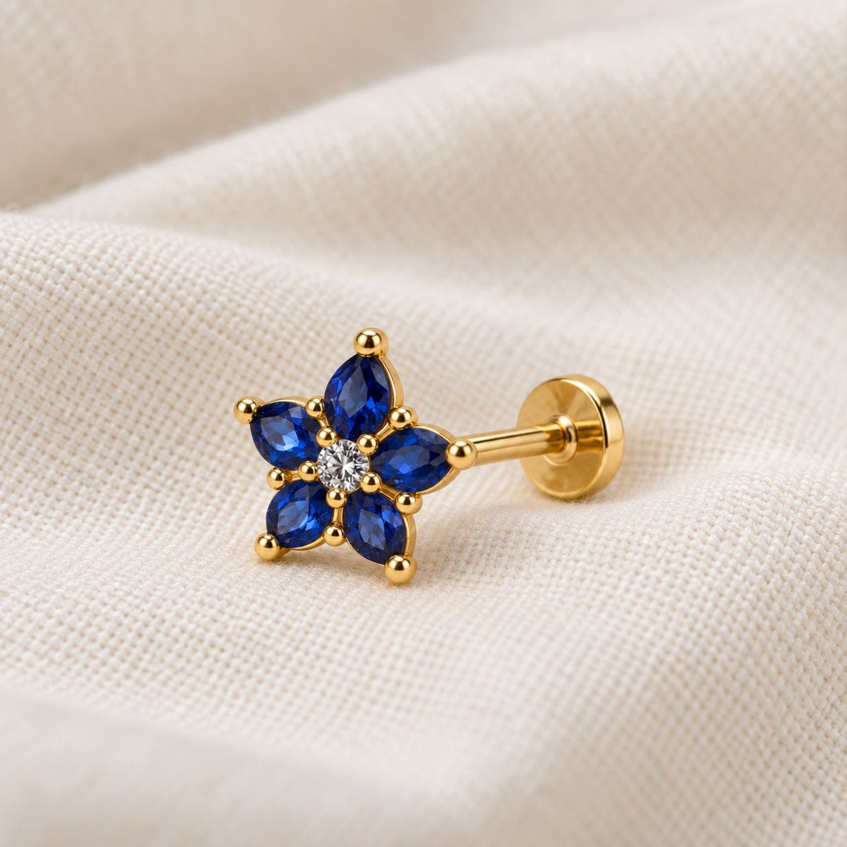 Blue Sapphire Flower Nose Pin - 925 Sterling Silver