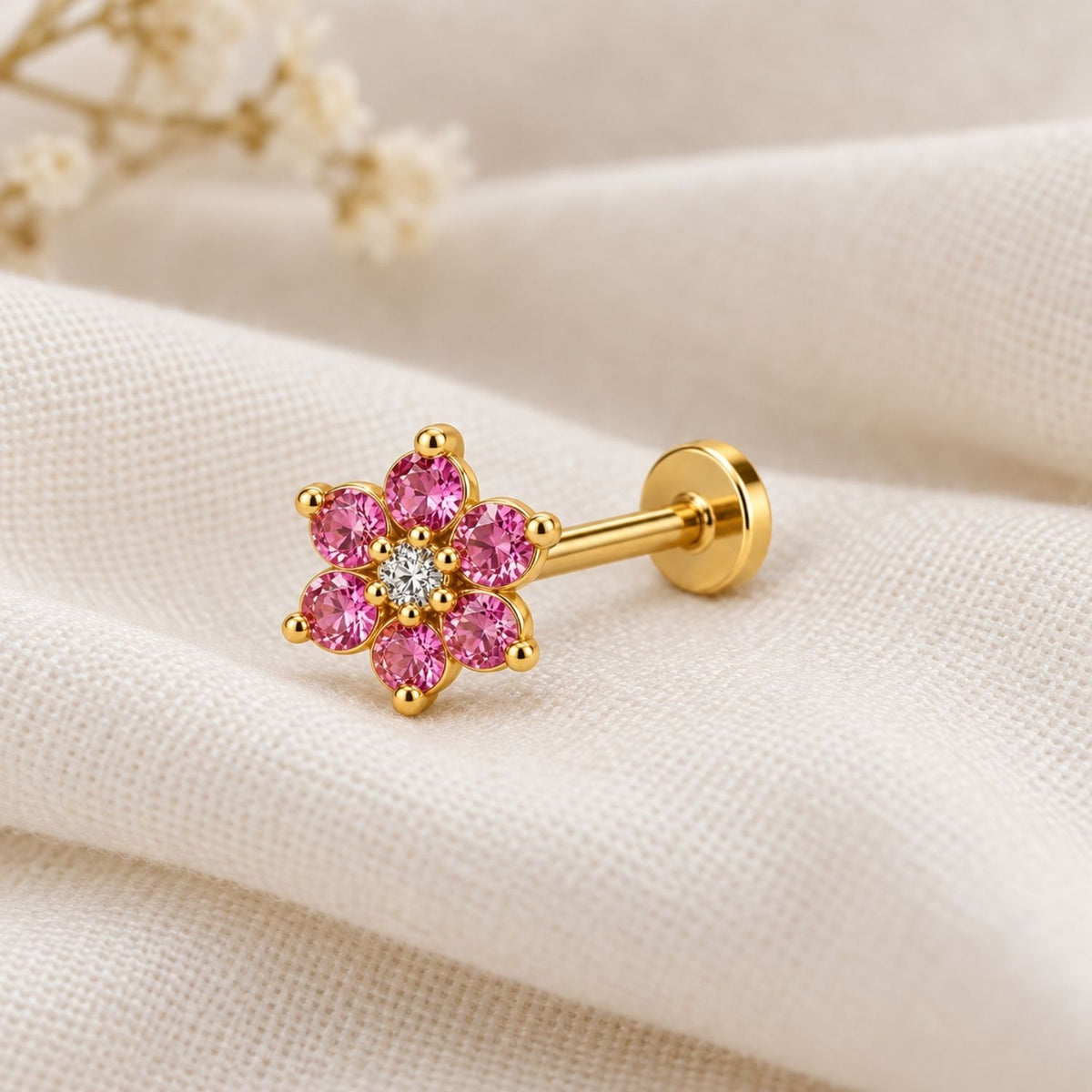 Pink Flower Nose Pin - 925 Sterling Silver