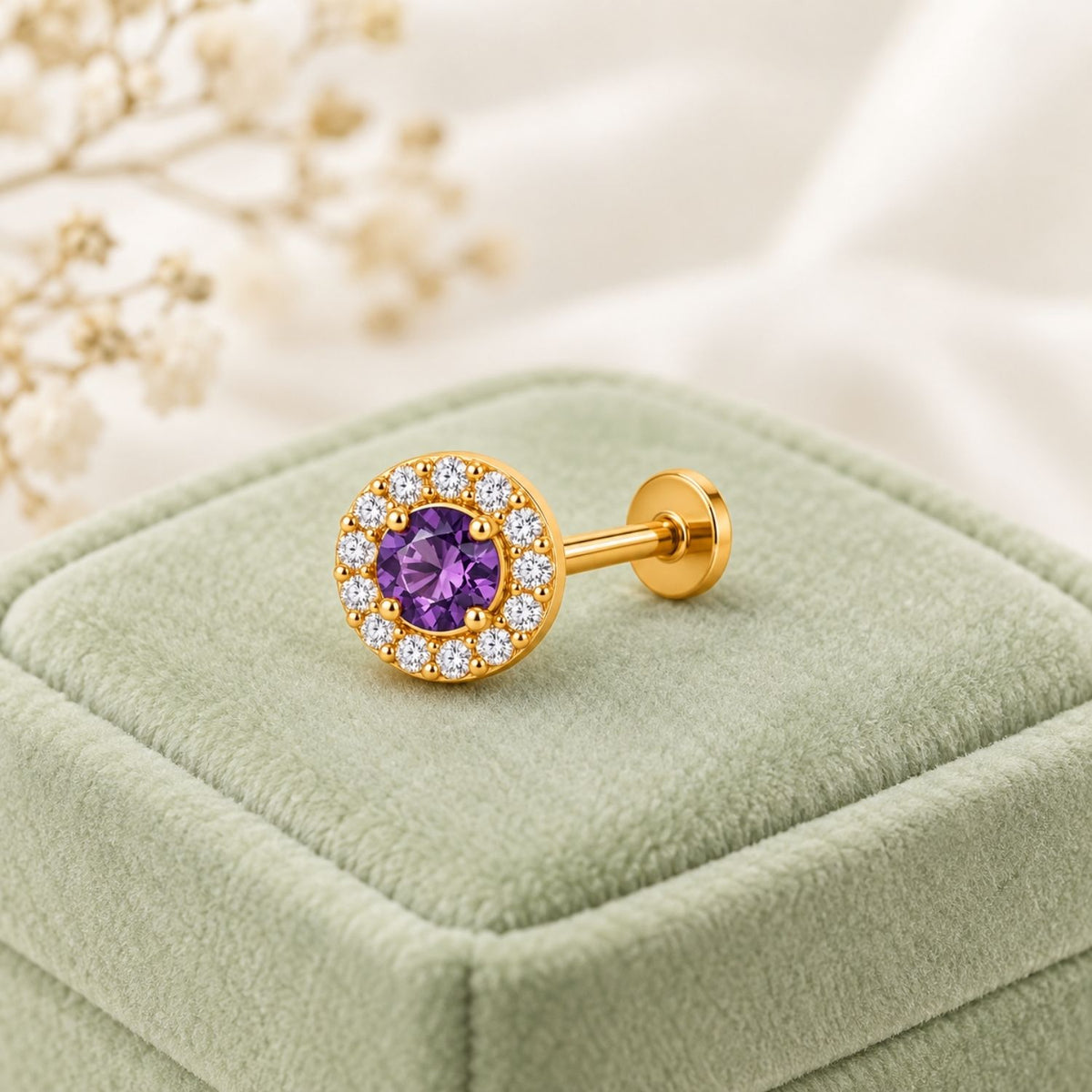 Amethyst Purple Halo Nose Pin - 925 Sterling Silver