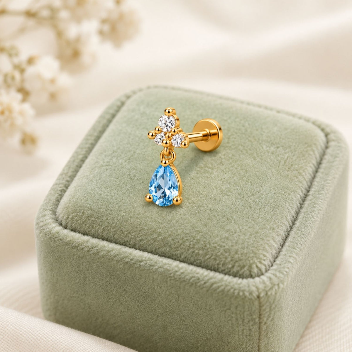 Blue Topaz Teardrop Drop Nose Pin - 925 Sterling Silver