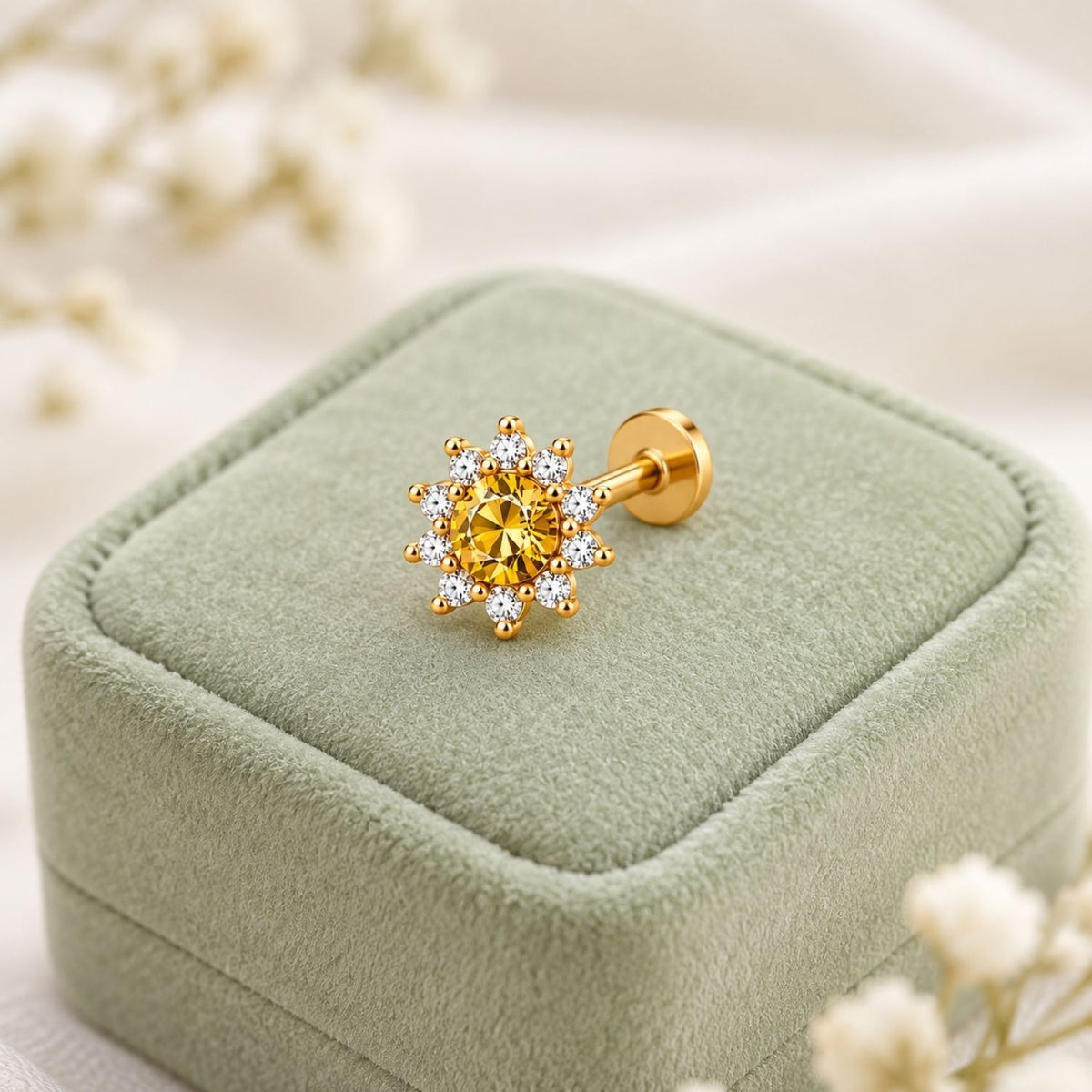Citrine Yellow Sunburst Nose Pin - 925 Sterling Silver