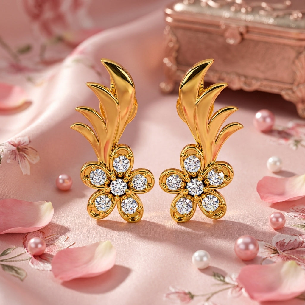 White Cz Flower Leaf Spray Stud Earrings - 925 sterling silver earrings for women