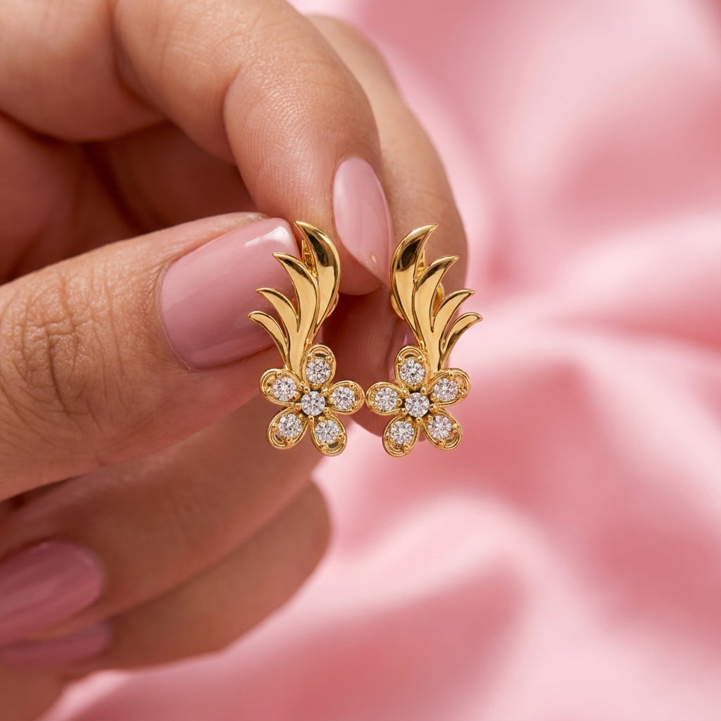 White Cz Flower Leaf Spray Stud Earrings - 925 sterling silver earrings for women
