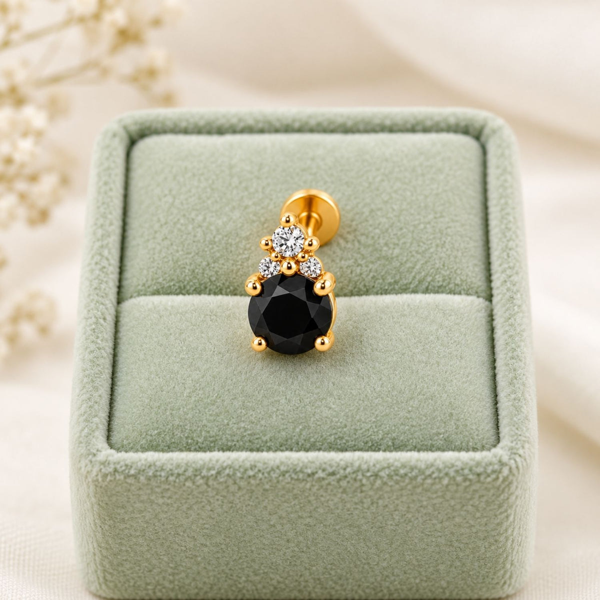 Black Solitaire Nose Pin - 925 Sterling Silver