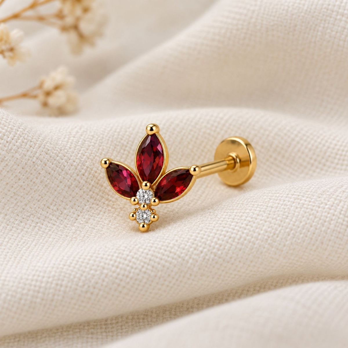 Ruby Red Tulip Nose Pin - 925 Sterling Silver