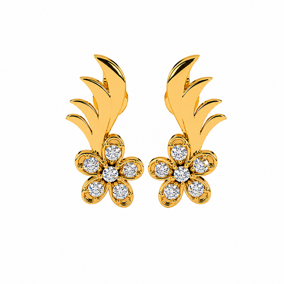 White Cz Flower Leaf Spray Stud Earrings - 925 sterling silver earrings for women