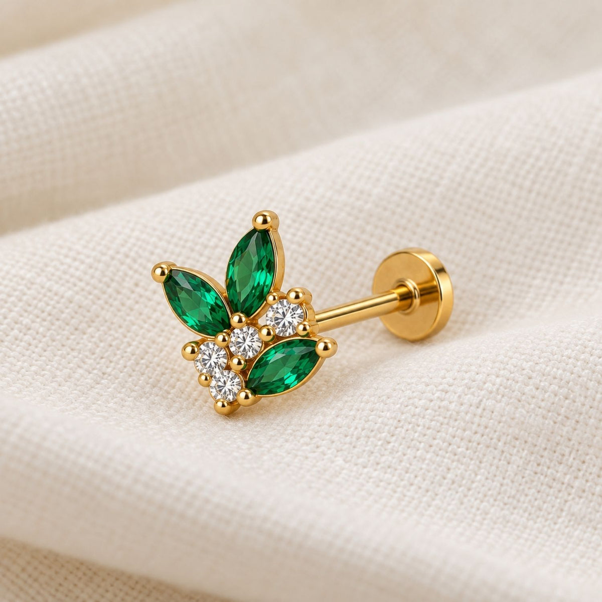 Emerald Green Leaf Nose Pin - 925 Sterling Silver
