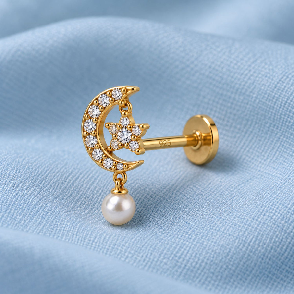 Crescent Moon Pearl Drop Nose Pin - 925 Sterling Silver