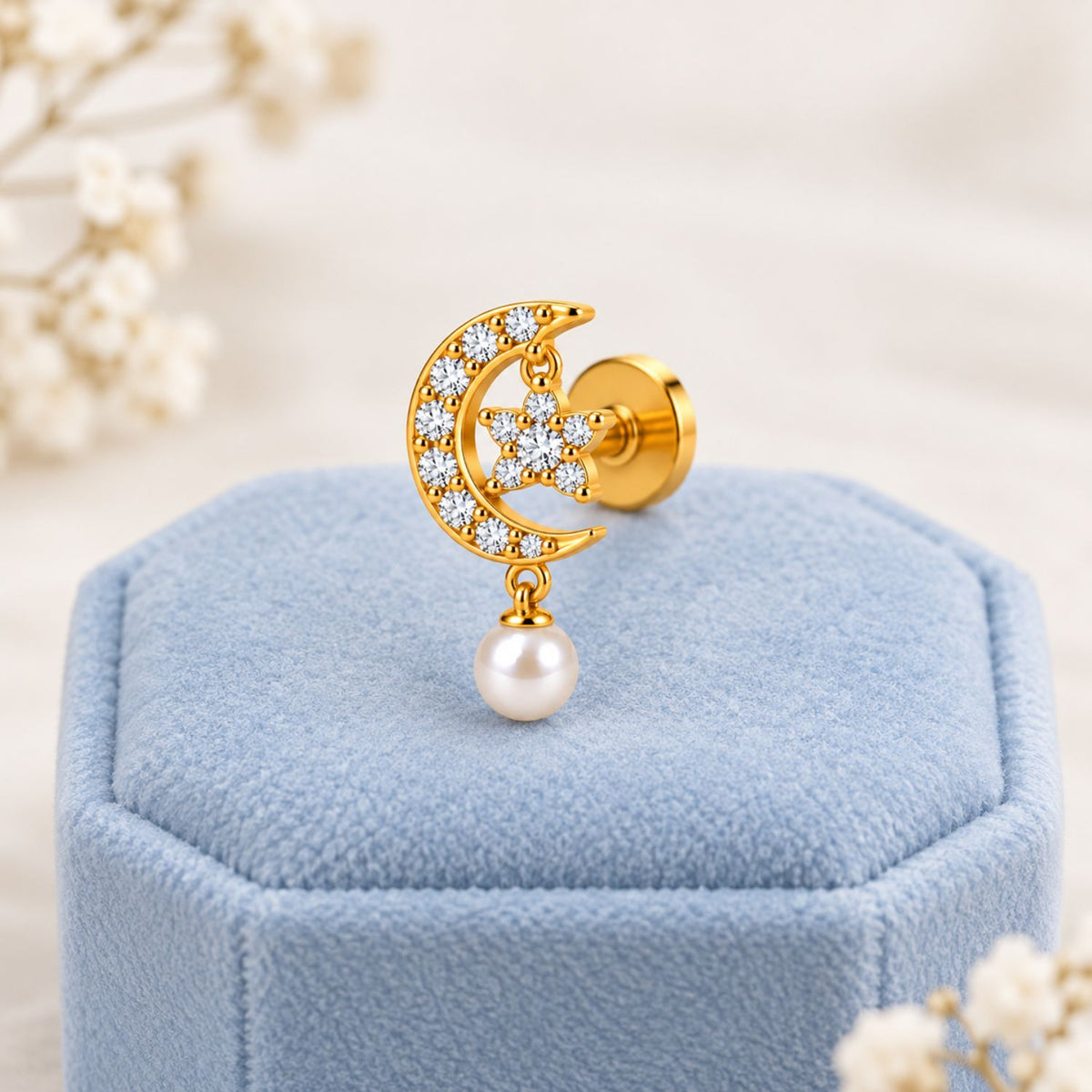 Crescent Moon Pearl Drop Nose Pin - 925 Sterling Silver