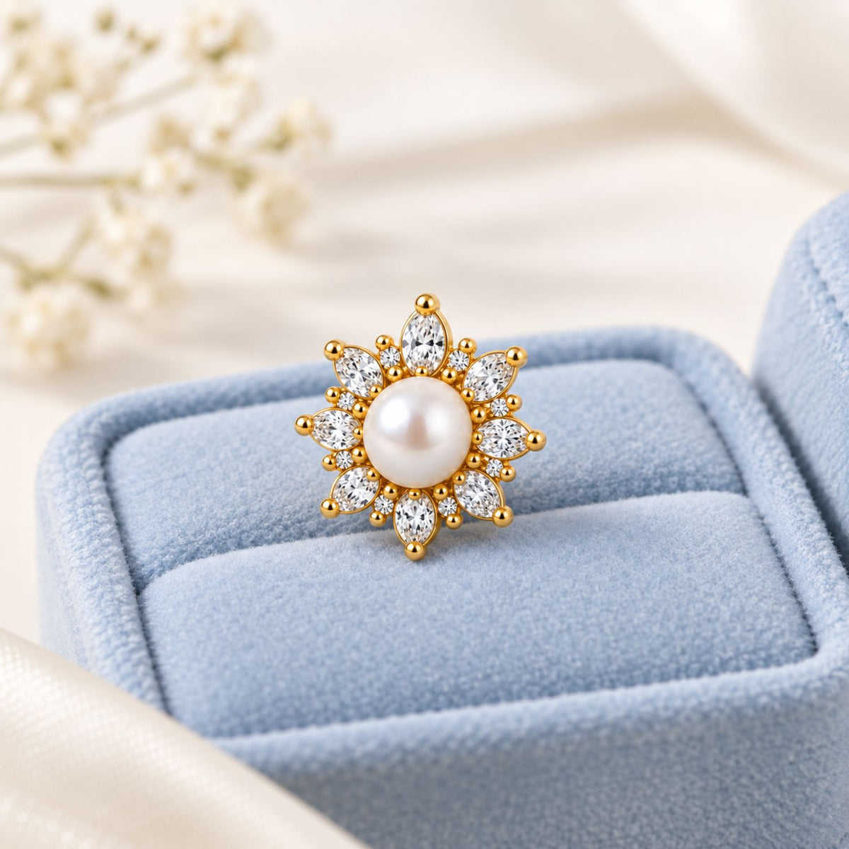 Pearl Sunburst Nose Pin - 925 Sterling Silver