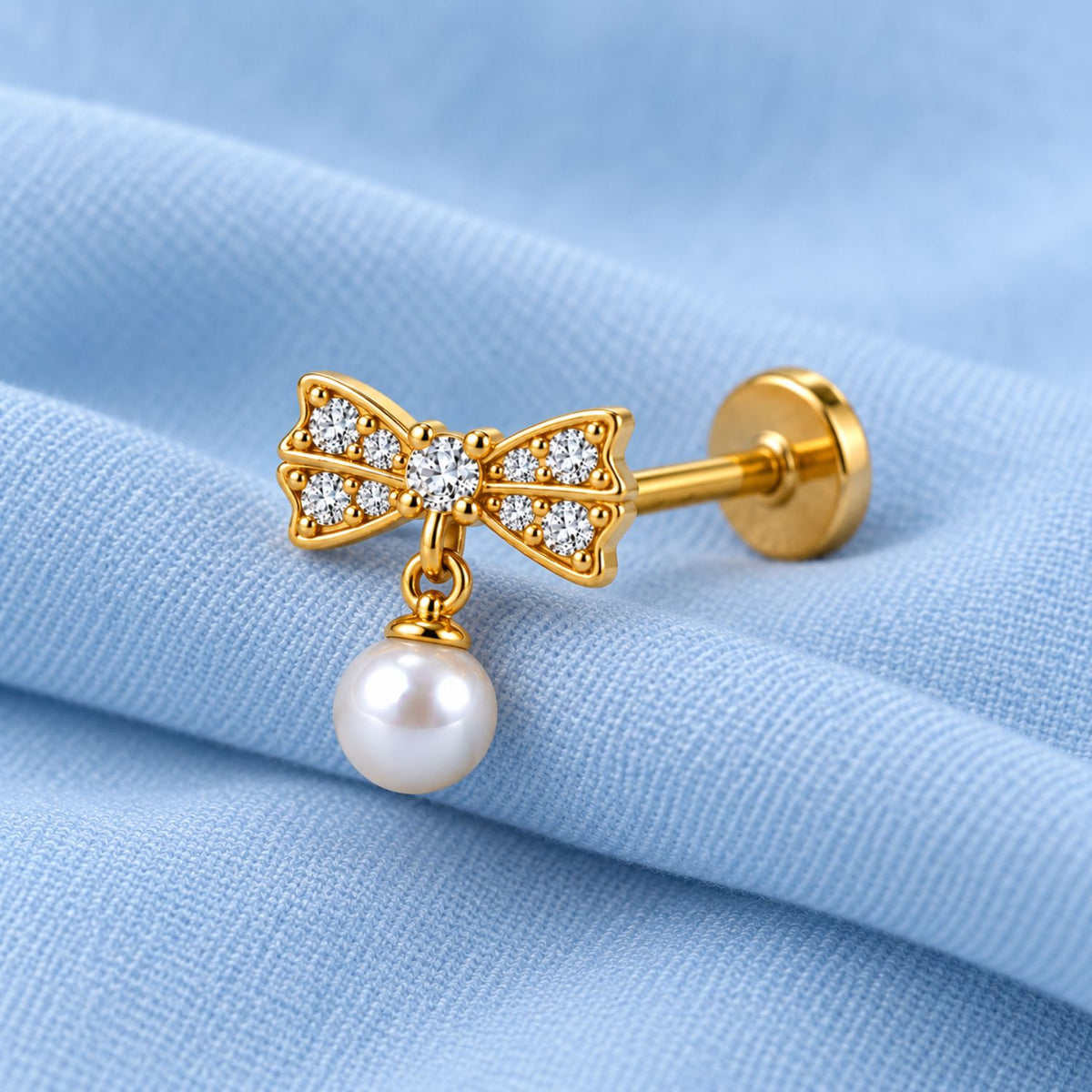 Bow Pearl Drop Nose Pin - 925 Sterling Silver