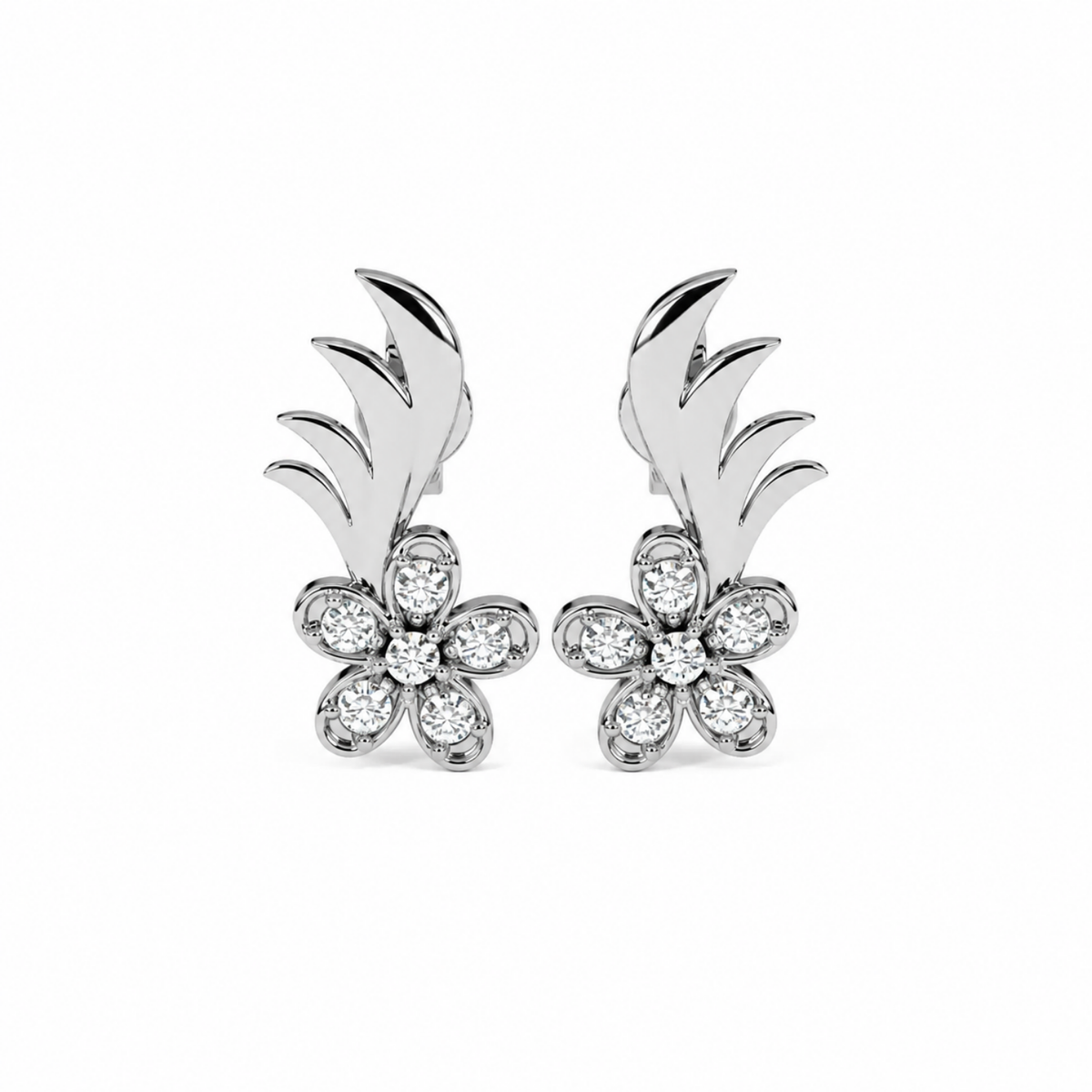 White Cz Flower Leaf Spray Stud Earrings - 925 sterling silver earrings for women