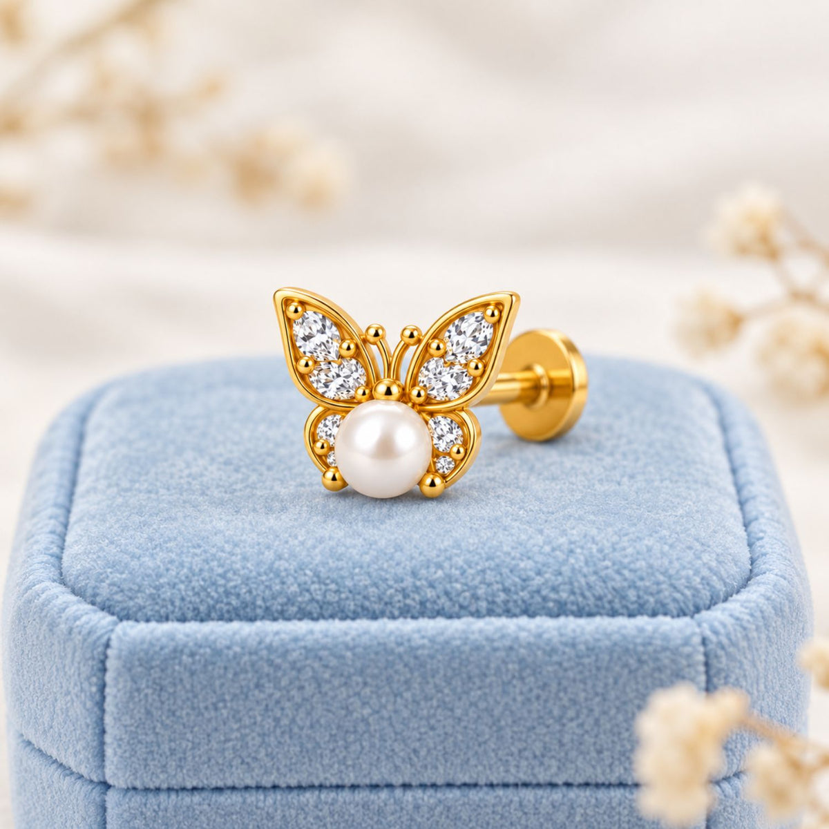 Butterfly Pearl Nose Pin - 925 Sterling Silver