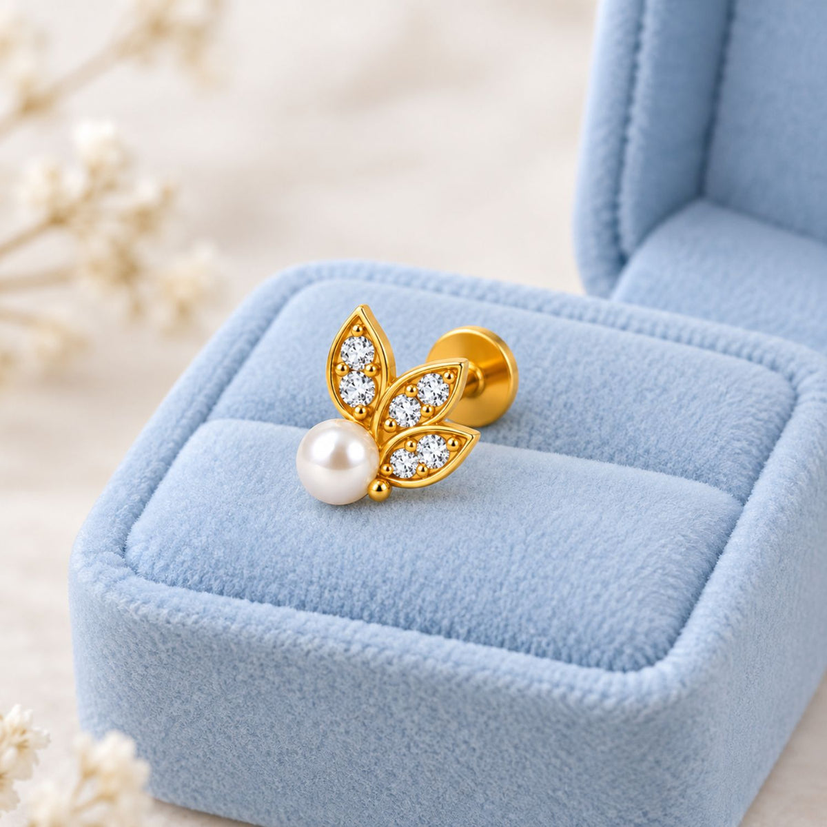 Pearl Leaf Nose Pin - 925 Sterling Silver