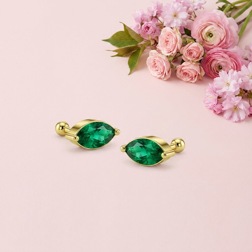 Emerald Marquise Studs - 925 Sterling Silver Gold Plated