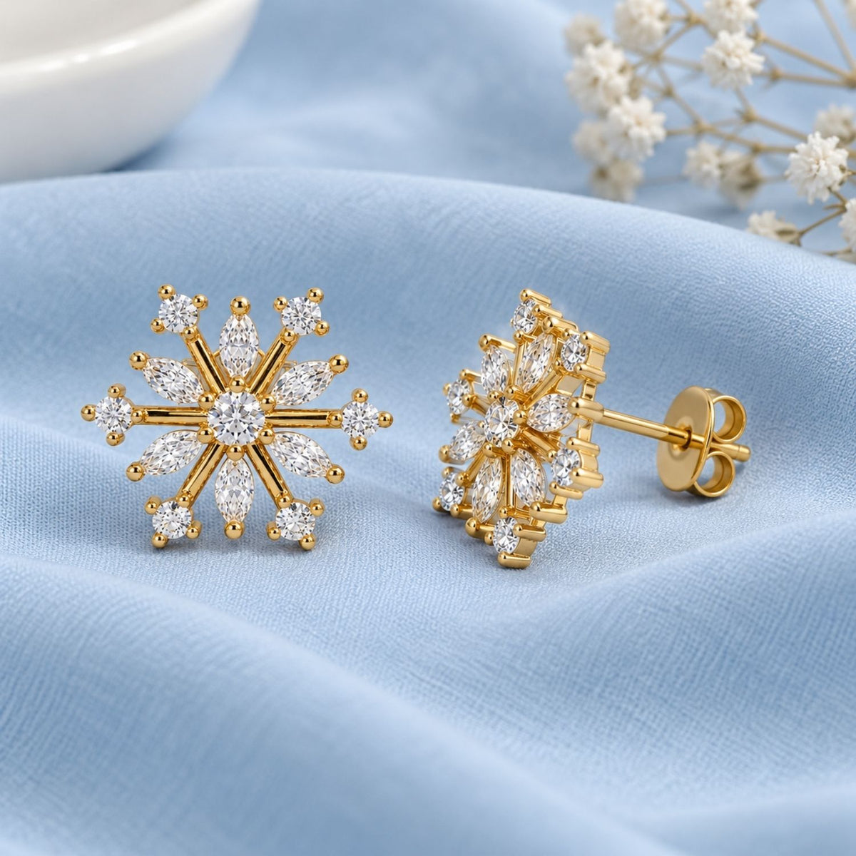 Marquise White Cz Snowflake Stud Earrings for Women - 925 Sterling Silver