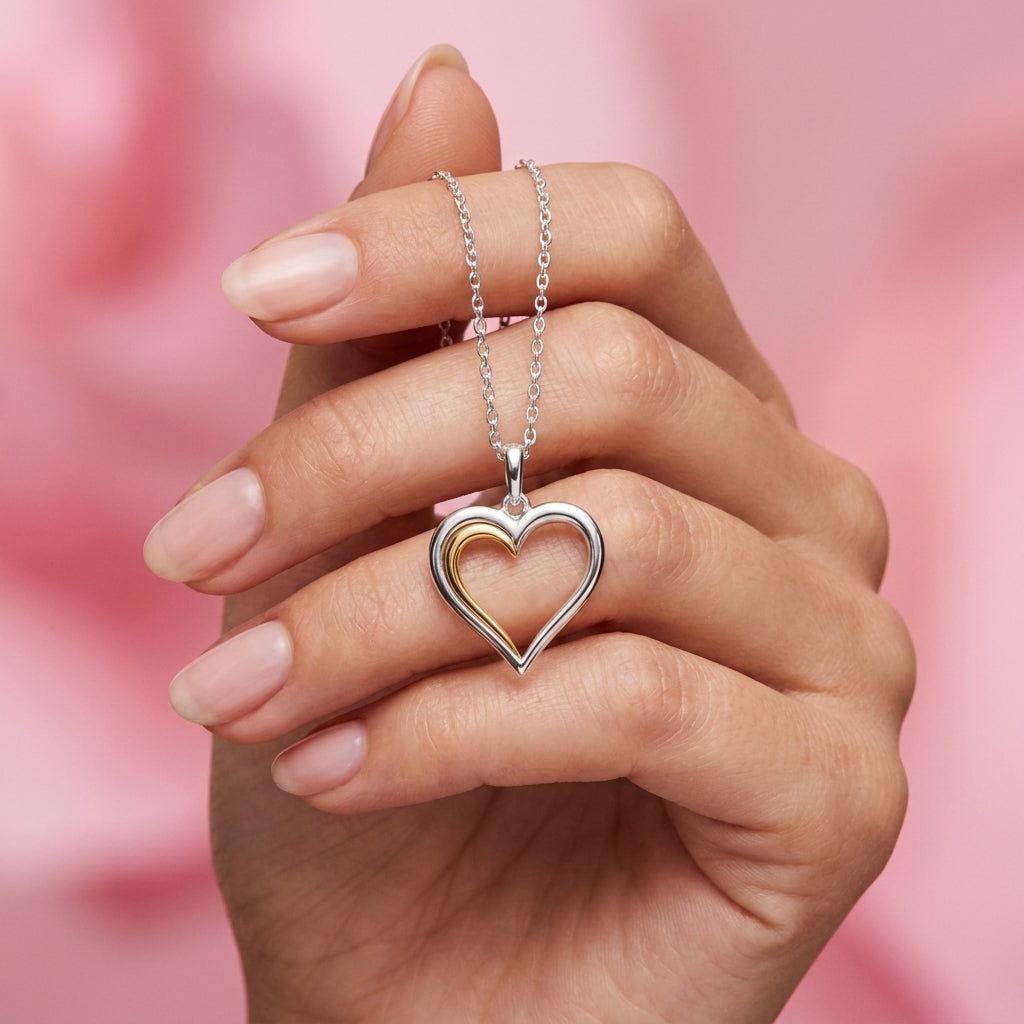 Two Tone Open Heart Pendant Necklace - 925 sterling silver pendant necklace for women