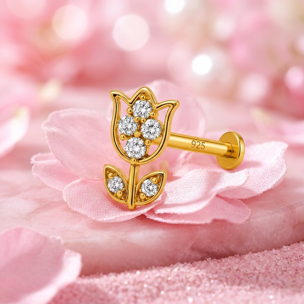 Tulip with Leaves Nose Pin - close-up detail