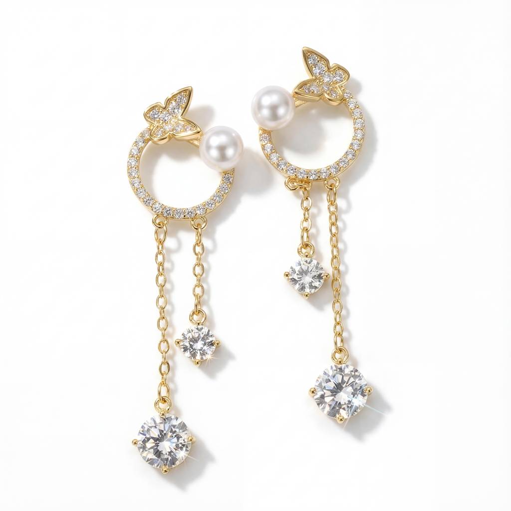 Butterfly Garden Halo Drops - 925 Sterling Silver Yellow Gold Plated