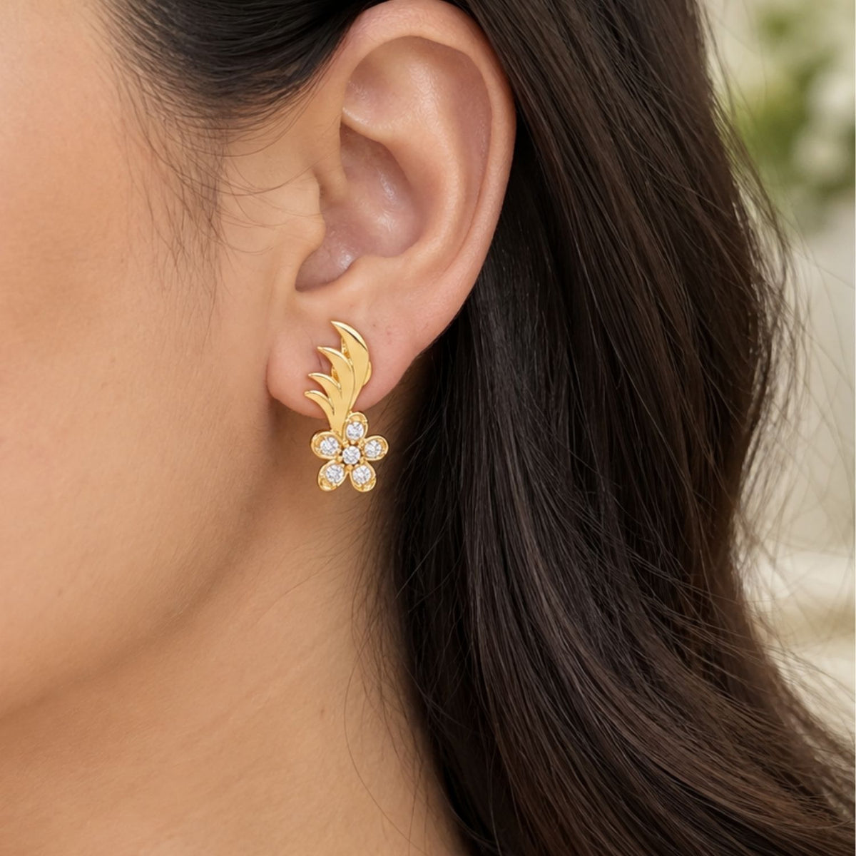 White Cz Flower Leaf Spray Stud Earrings for Women - 925 Sterling Silver