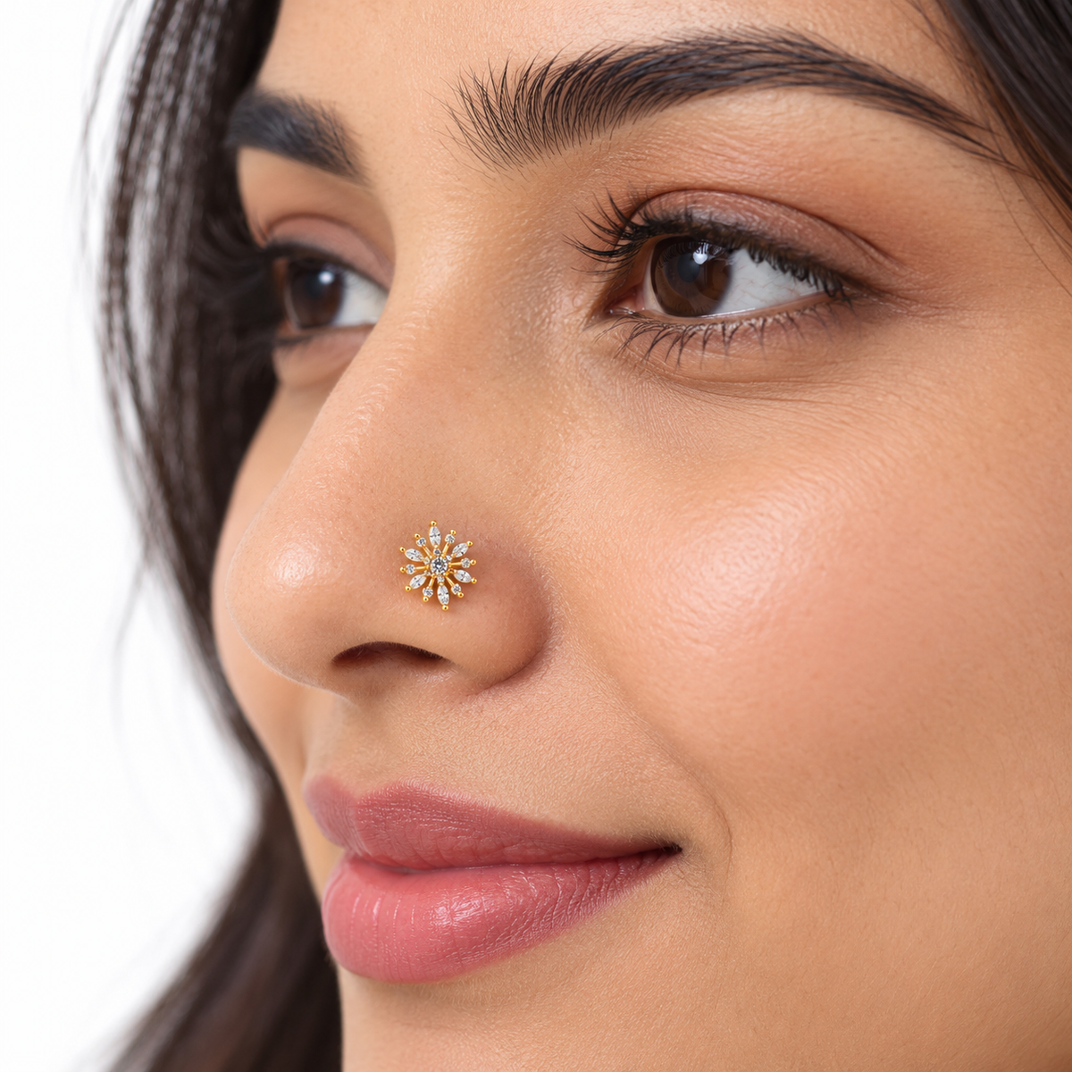 Marquise Flower Nose Pin - side view in 925 sterling silver