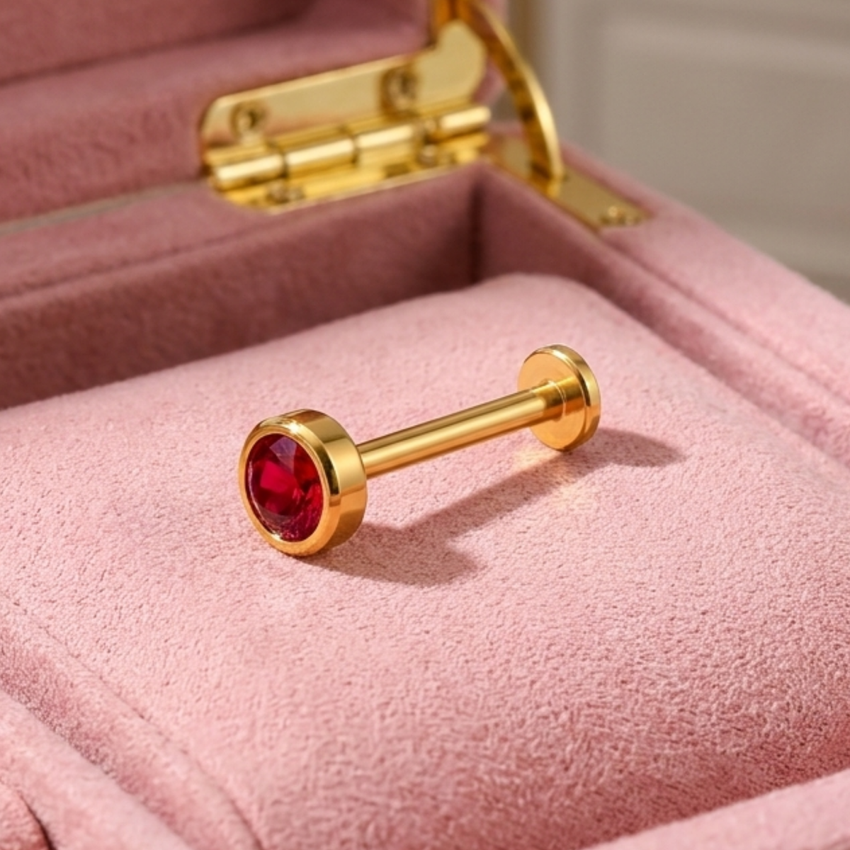Red Ruby Round Bezel Nose Pin - close-up detail