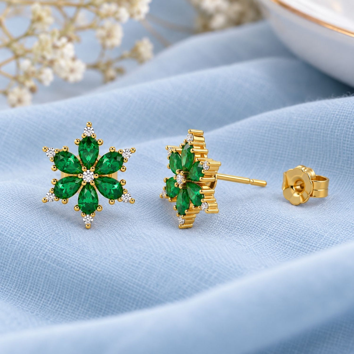 Green Cz Floral Cluster Stud Earrings for Women - 925 Sterling Silver