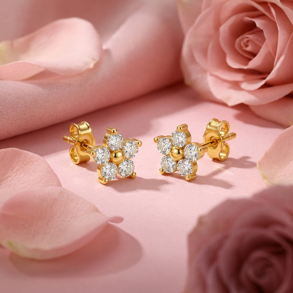 Gold Center Flower White Cz Screw-Back Stud Earrings - 925 sterling silver earrings for women