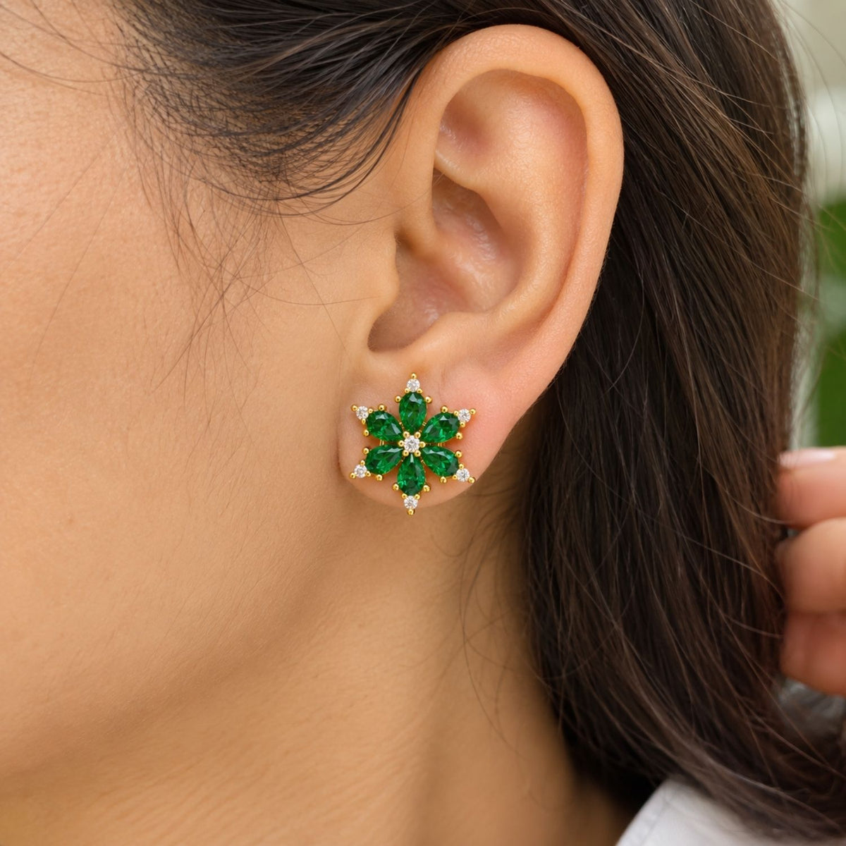 Green Cz Floral Cluster Stud Earrings for Women - 925 Sterling Silver