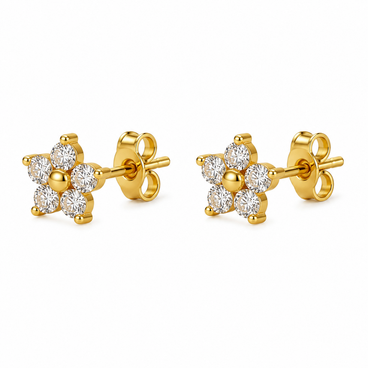 Gold Center Flower White Cz Screw-Back Stud Earrings - 925 sterling silver earrings for women