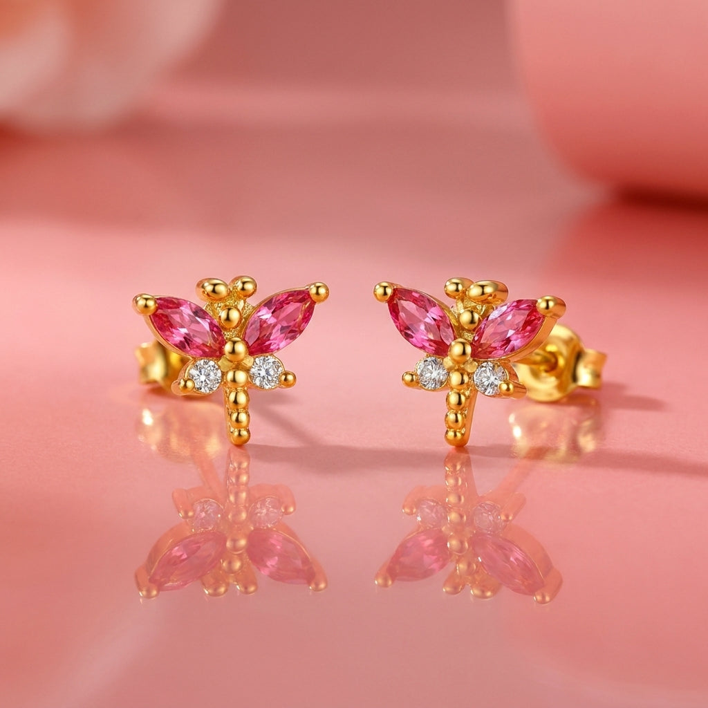 Pink White Cz Dragonfly Screw-Back Stud Earrings - 925 sterling silver earrings for women