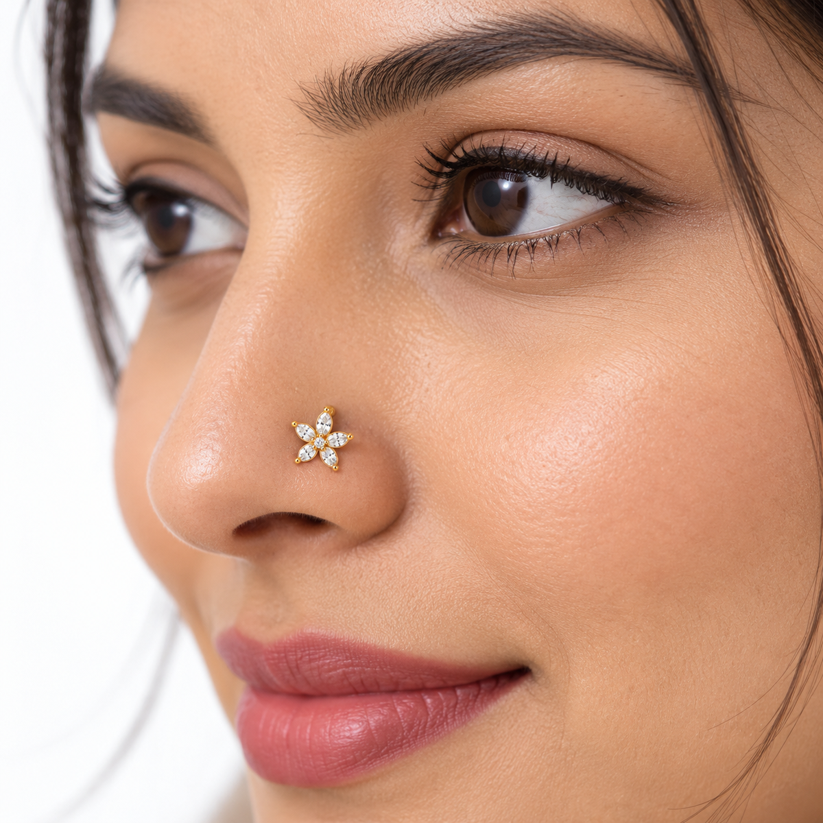 Marquise Star Flower Nose Pin - side view in 925 sterling silver