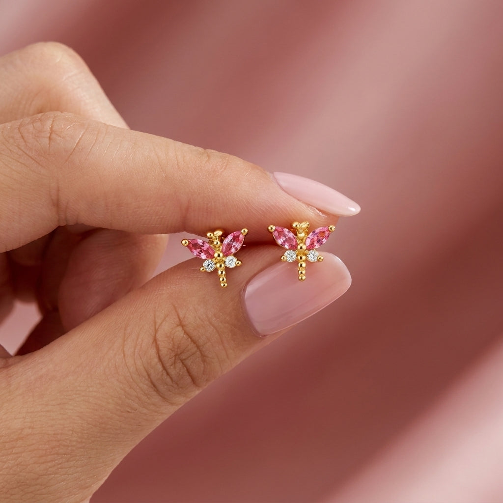 Pink White Cz Dragonfly Screw-Back Stud Earrings - 925 sterling silver earrings for women