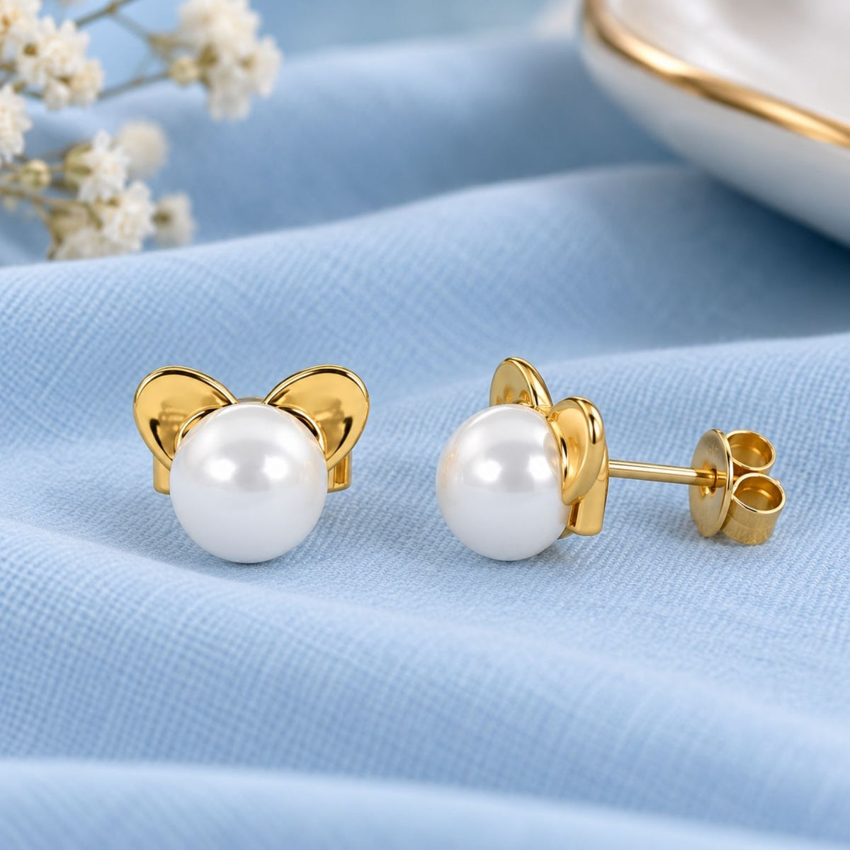 Bow Pearl Stud Earrings for Women - 925 Sterling Silver