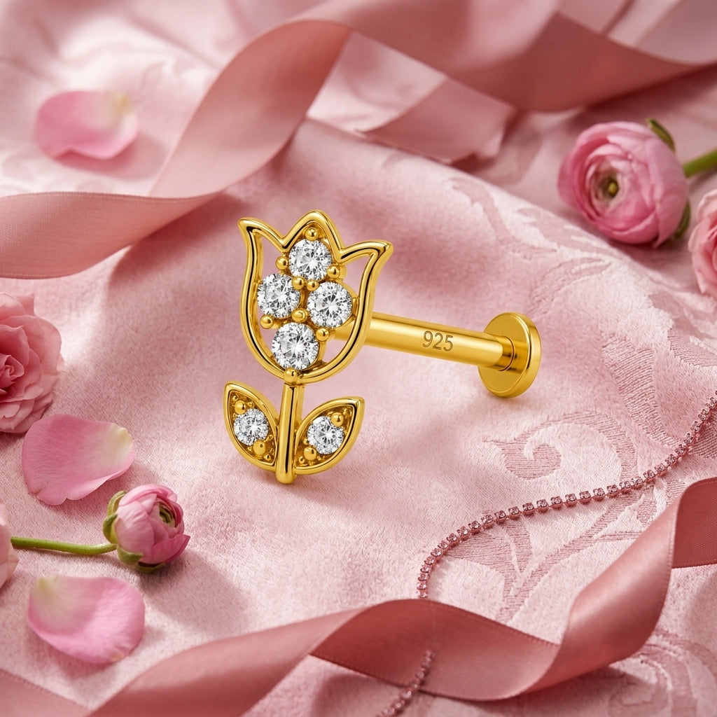 Tulip with Leaves Nose Pin - 925 Sterling Silver