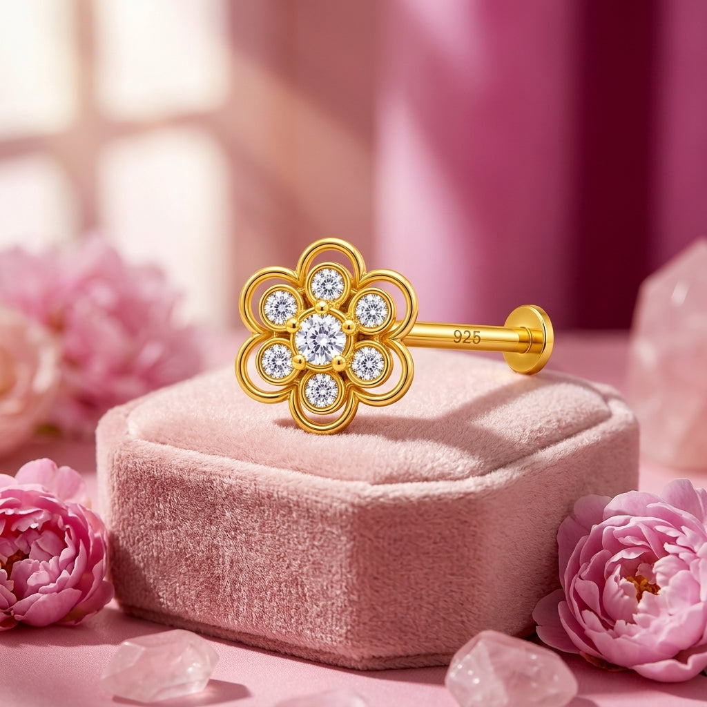 Double Layer Rosette Nose Pin - side view in 925 sterling silver