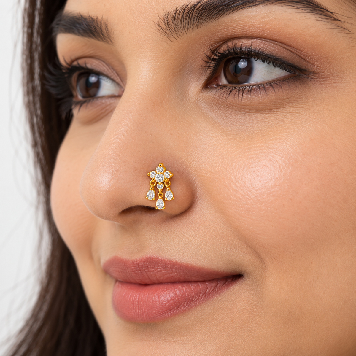 Chandelier Drop Nose Pin - side view in 925 sterling silver