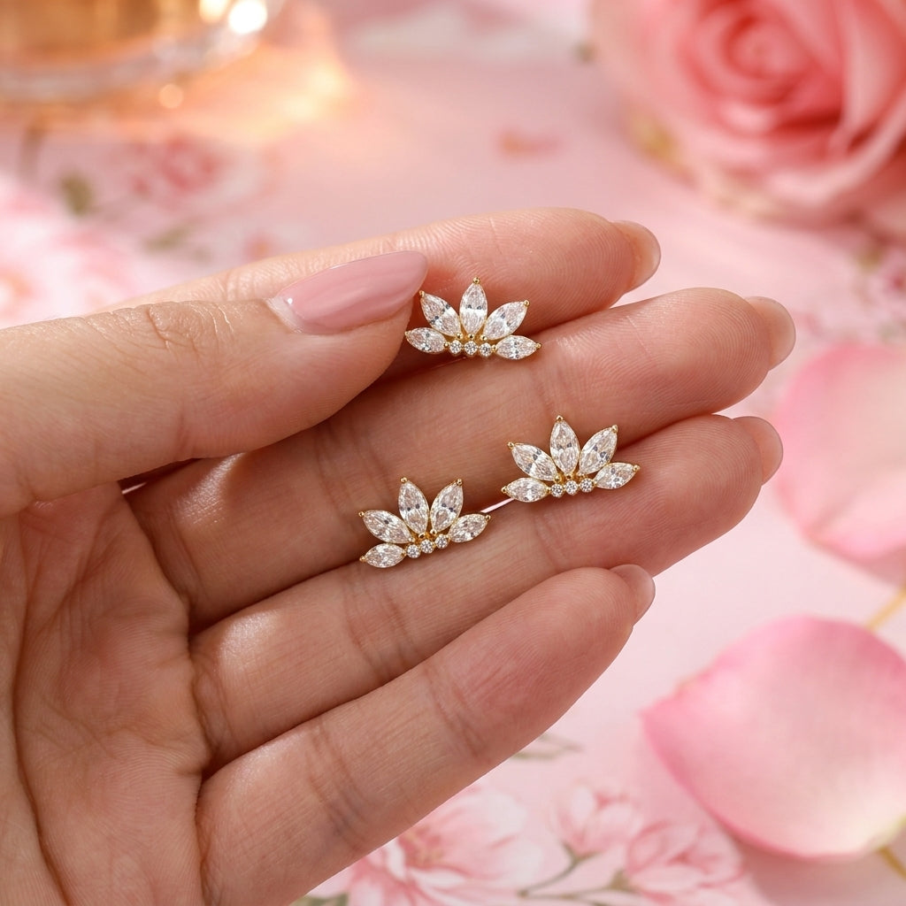 Marquise White Cz Lotus Crown Flat-Back Stud Earrings - 925 sterling silver earrings for women