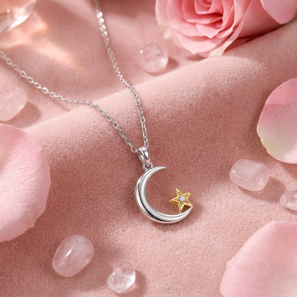 Crescent Moon and Star White Cz Pendant Necklace - 925 sterling silver pendant necklace for women