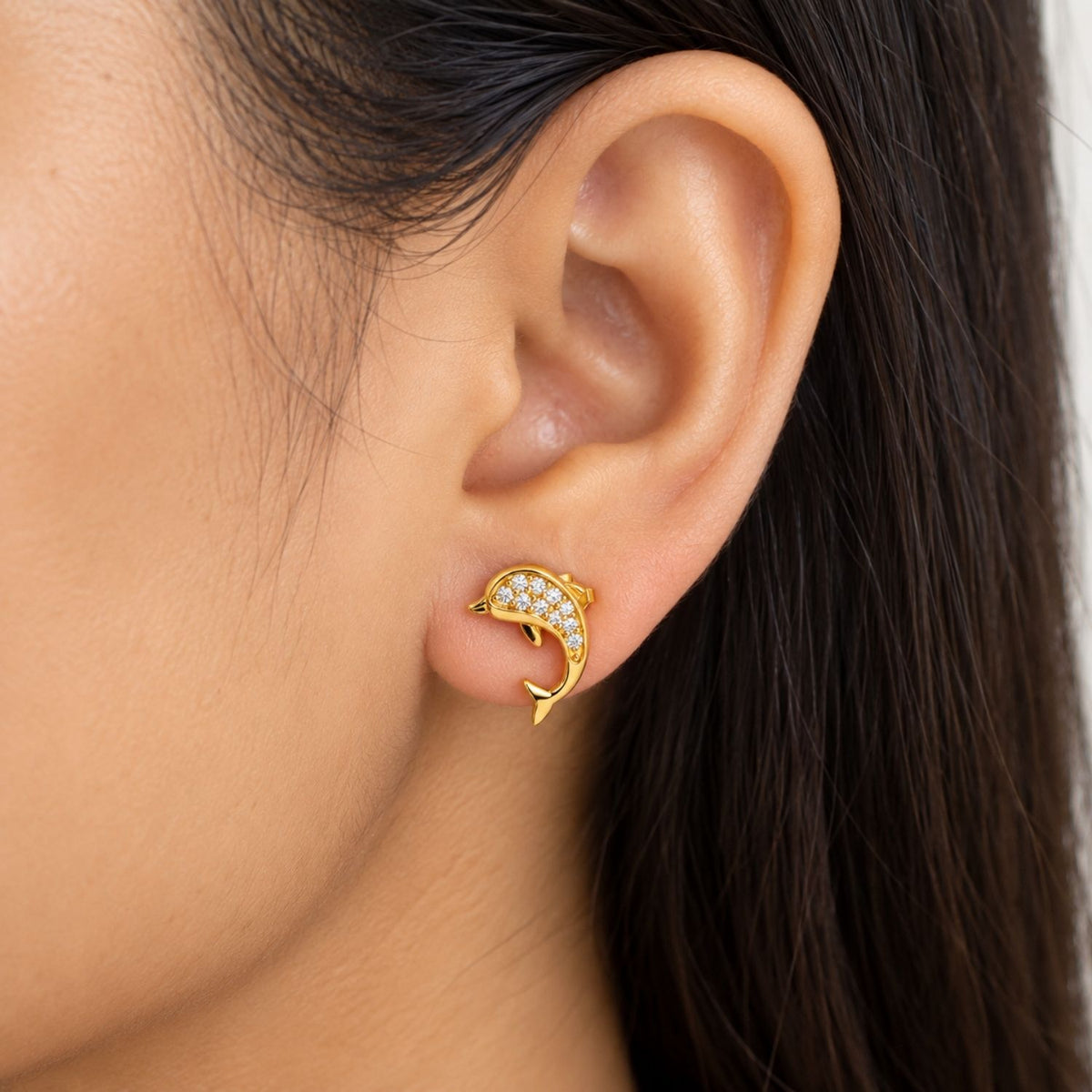 Pavé White Cz Dolphin Stud Earrings for Women - 925 Sterling Silver