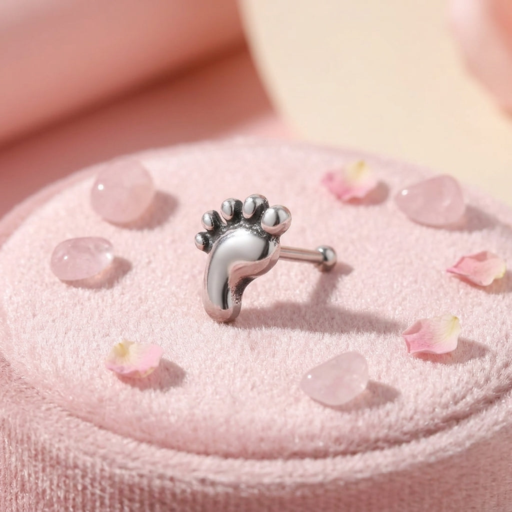 Tiny Footprint Stud Nose Pin - Sterling Silver - side view