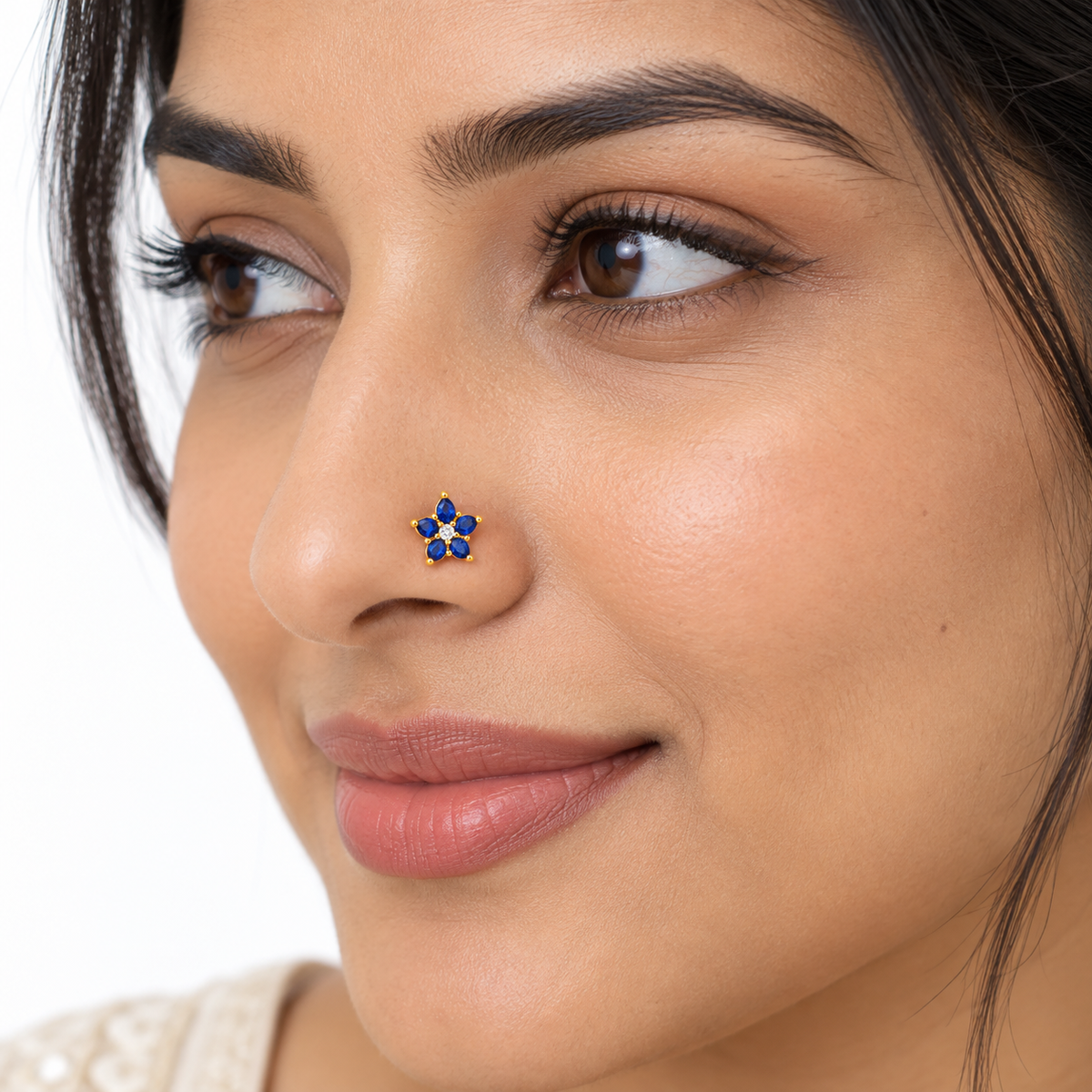 Blue Sapphire Flower Nose Pin - side view in 925 sterling silver