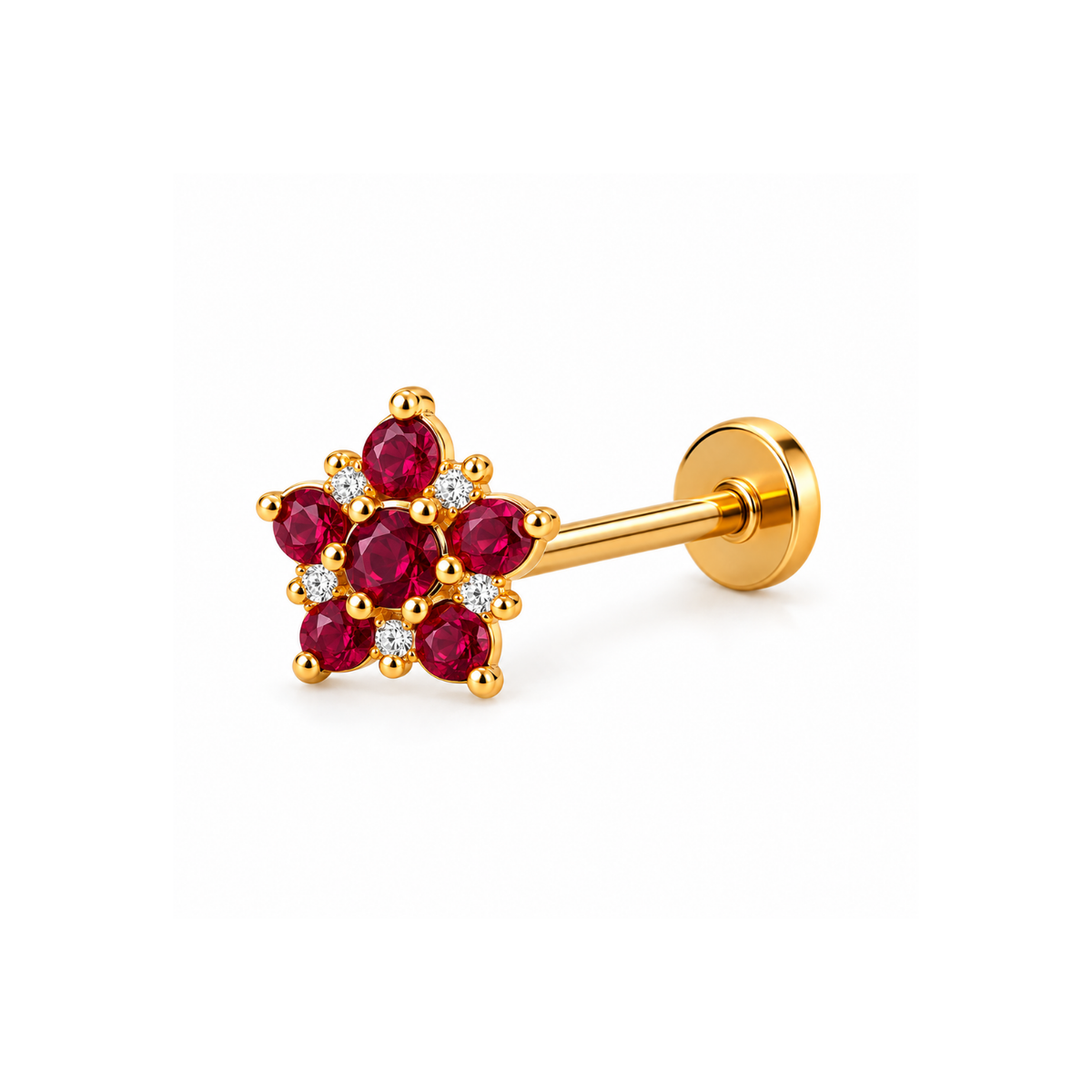 Ruby Red Flower Nose Pin - 925 Sterling Silver