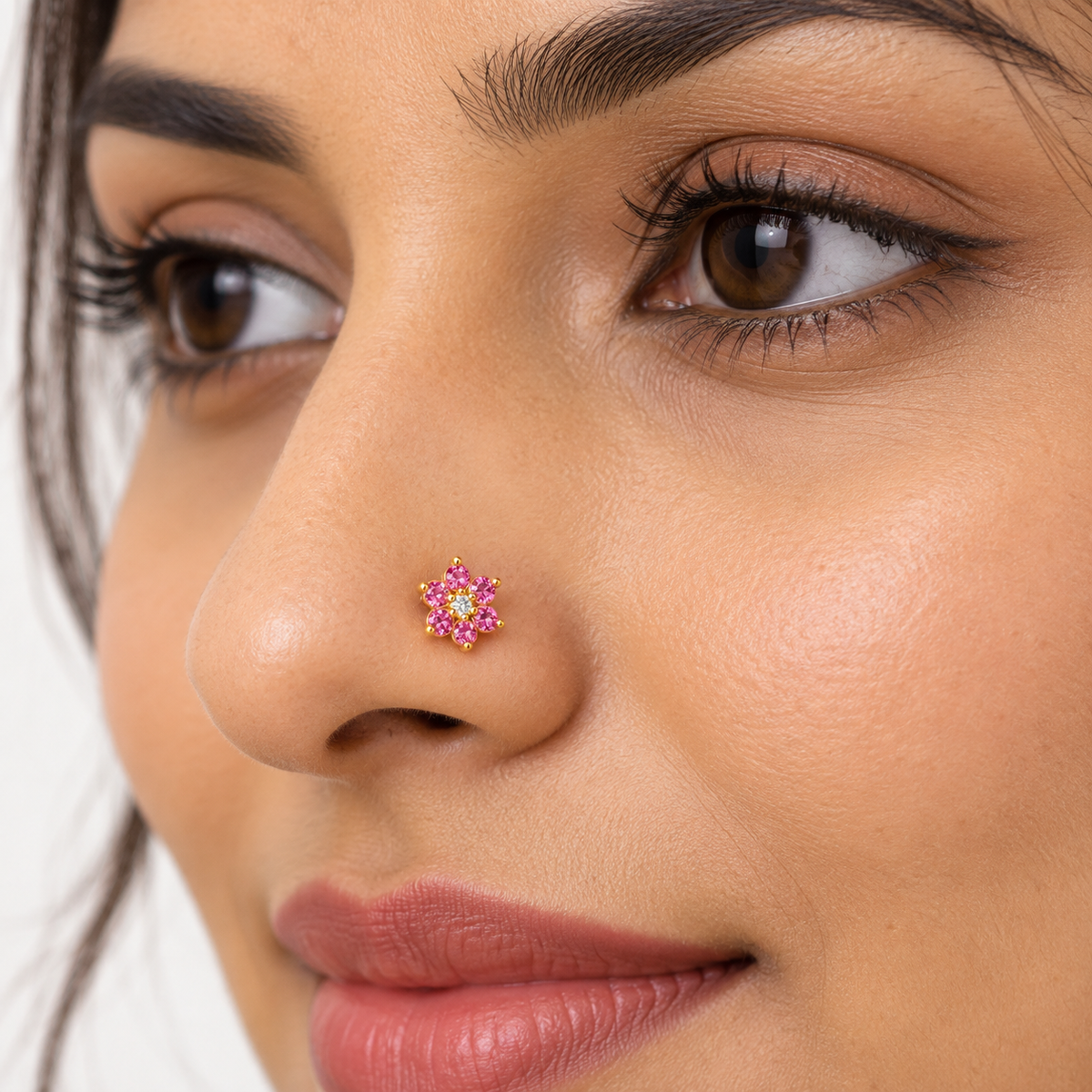 Pink Flower Nose Pin - side view in 925 sterling silver